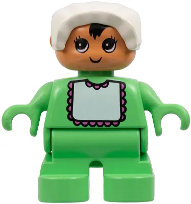 Duplo Figure - Female, Child Baby, Medium Green Legs, Medium Green Top with Bib Pattern, White Bonnet, Nougat Head (75479)