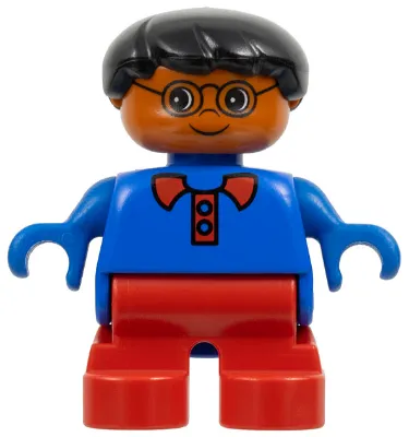 Duplo Figure - Male, Child Boy, Red Legs, Blue Top with Collar and Buttons Pattern, Black Hair, Dark Orange Head (75513)