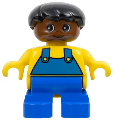 Duplo Figure - Male, Child Boy, Blue Legs, Yellow Top with Overalls Pattern, Black Hair, Brown Head (75507)