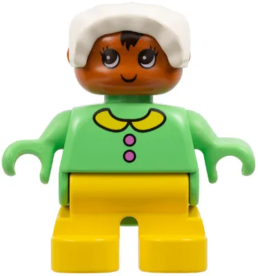 Duplo Figure - Female, Child Baby, Yellow Legs, Medium Green Top with Collar and Buttons Pattern, White Bonnet, Dark Orange Head (75514)