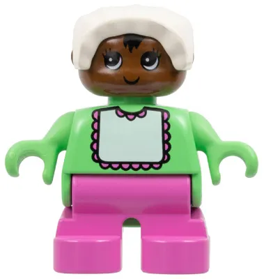 Duplo Figure - Female, Child Baby, Dark Pink Legs, Medium Green Top with Bib Pattern, White Bonnet, Brown Head (75508)