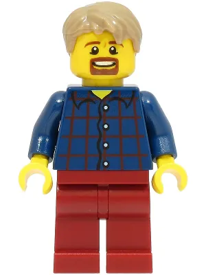 LEGOLAND Park Male, Dark Blue Plaid Button Shirt with Narrow Neck, Dark Tan Short Tousled Hair, Goatee