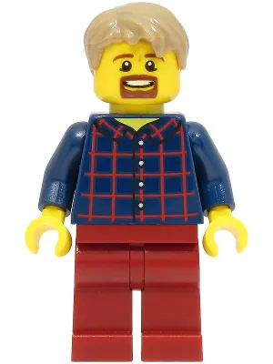 LEGOLAND Park Male, Dark Blue Plaid Button Shirt with Wide Neck and Back Print, Dark Tan Short Tousled Hair, Goatee