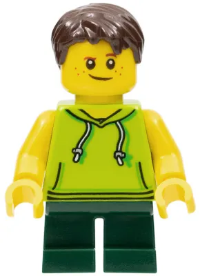 LEGOLAND Park Boy with Dark Brown Hair, Lime Sleeveless Hoodie, Dark Green Short Legs