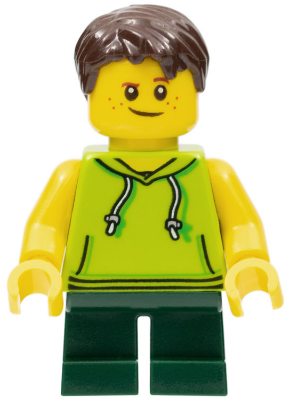 LEGOLAND Park Boy with Dark Brown Hair, Lime Sleeveless Hoodie, Dark Green Short Legs