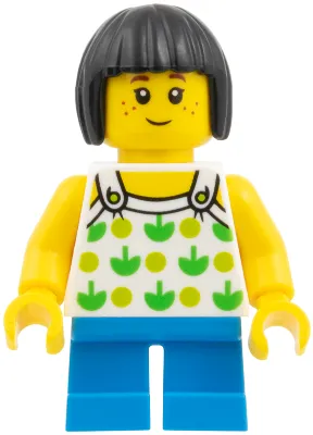 Child - Girl, White Halter Top with Green Apples and Lime Spots, Dark Azure Short Legs, Black Bob Cut Hair, Freckles
