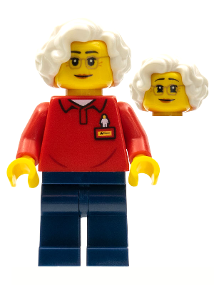 LEGOLAND Park Worker Older Female, Glasses, White Hair, Red Polo Shirt with 'LEGOLAND' on Back and Dark Blue Legs