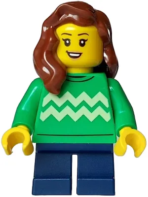Child - Girl, Bright Green Sweater with Bright Light Yellow Zigzag Lines, Dark Blue Short Legs, Reddish Brown Hair over Shoulder