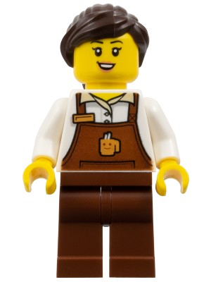 Barkeeper - Female, Reddish Brown Apron with Cup and Name Tag, Reddish Brown Legs, Dark Brown Hair Ponytail and Swept Sideways Fringe