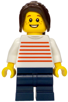 Merchant Boat - Girl, White Sweater with Red Horizontal Stripes, Dark Blue Medium Legs, Dark Brown Hair Ponytail Long with Side Bangs, Freckles