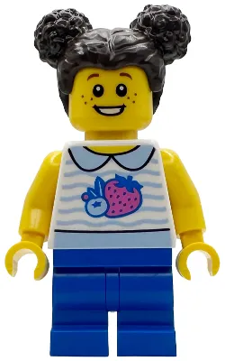 Popcorn Wagon Customer - Child, White Collared Shirt with Fruit, Blue Medium Legs, Dark Brown Hair