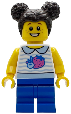 Popcorn Wagon Customer - Child, White Collared Shirt with Fruit, Blue Medium Legs, Dark Brown Hair