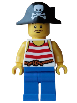 Pirate - Male, White Tank Top with Red Stripes, Blue Legs, Black Bicorne Hat with Skull and Crossbones