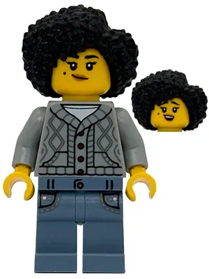 Sequoia Tree Trail Tourist - Mother, Light Bluish Gray Cardigan Sweater, Sand Blue Legs with Pockets, Black Coiled Hair