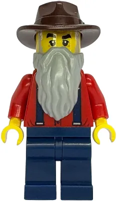 Gold Mine Prospector - Male, Red Shirt with Tan Tie, Dark Blue Legs, Dark Brown Fedora, Light Bluish Gray Beard