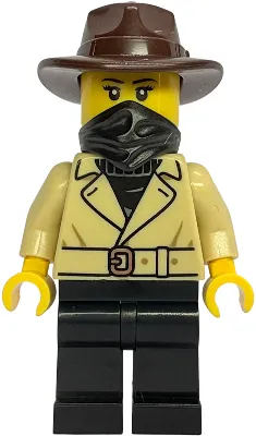 Gold Mine Bandit - Female, Tan Jacket Over Black Sweater, Black Legs, Dark Brown Fedora, Black Bandana