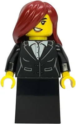 Gold Mine Bandit - Female, Black Suit Jacket with White Button Up Shirt, Black Lower Body Skirt, Dark Red Side Swept Hair