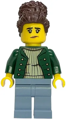 Gold Mine Worker - Female, Dark Green Open Jacket, Sand Blue Legs, Dark Brown Coiled Hair with Bun