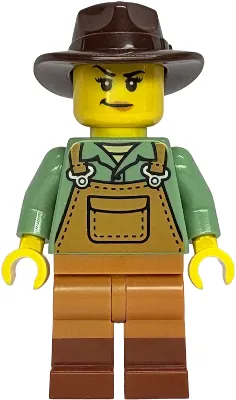 Gold Mine Miner - Female, Medium Nougat Overalls over Sand Green Shirt, Dark Tan Legs with Molded Reddish Brown Boots, Dark Brown Fedora