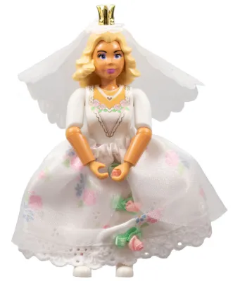 Belville Female, Adult Woman (Princess / Bride) - Pink Shorts, White Top with Flowers and Gold Lace Trim Pattern, Very Light Orange Hair, White Shoes, Skirt, Veil, Crown