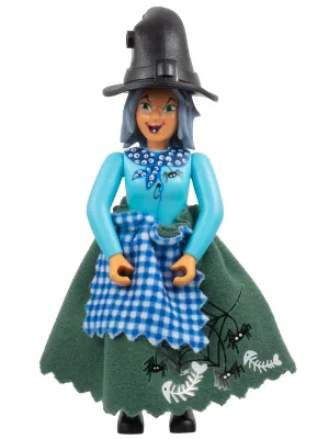 Belville Female, Adult Woman (Witch) - Magenta Pants, Sky Blue Top with Scarf and Spider Pattern, Sand Blue Hair, Black Shoes, Skirt, Hat