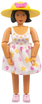 Belville Female - White Swimsuit with Starfish / Sea Stars and Seashells Pattern, Black Hair, Pink Shoes, Hat with Bow