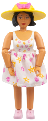 Belville Female - White Swimsuit with Starfish / Sea Stars and Seashells Pattern, Black Hair, Pink Shoes, Hat with Bow