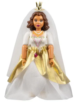 Belville Female, Adult Woman (Princess / Bride) - White Pants, White Top with Flowers and Gold Lace Trim Pattern, Reddish Brown Hair, Pearl Light Gold Shoes, Skirt, Veil, Crown