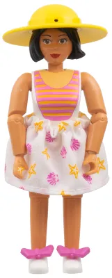 Belville Female, Adult Woman  - White Swimsuit with Dark Pink and Light Orange Stripes Pattern, Black Hair, White Shoes, Skirt, Hat, Bows