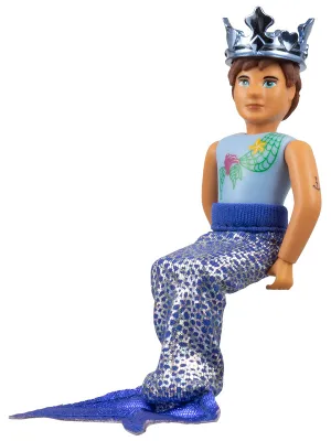 Belville Male, Adult Man (Merman) - Bright Light Blue Top with Net, Starfish / Sea Star, and Seashell Pattern, Reddish Brown Hair, Fish Tail, Crown