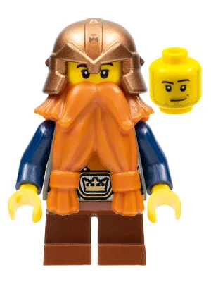 Fantasy Era - Dwarf, Dark Orange Beard, Copper Helmet with Studded Bands, Dark Blue Arms, Smirk and Stubble Beard