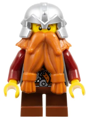 Fantasy Era - Dwarf, Dark Orange Beard, Metallic Silver Helmet with Studded Bands, Dark Red Arms