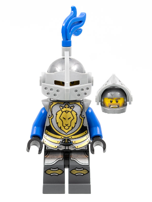 Castle - King's Knight Armor with Lion Head with Crown, Helmet with Pointed Visor, Blue Plume, Angry Face