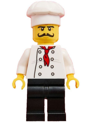 Chef - Black Legs, Moustache Curly Long, 'LEGO House Home of the Brick' Print on Back