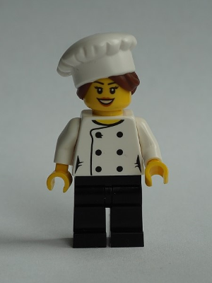 Chef - Black Legs, Open Mouth Smile, Hair in Bun, 'LEGO HOUSE Home of the Brick' on Back, Female