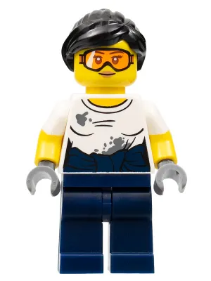 City Jungle Mechanic Female - Black Ponytail, Orange Goggles, White T-Shirt with Oil Stains, Dark Blue Legs