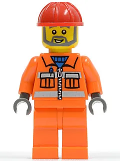 Construction Worker - Orange Zipper, Safety Stripes, Orange Arms, Orange Legs, Red Construction Helmet, Gray Angular Beard