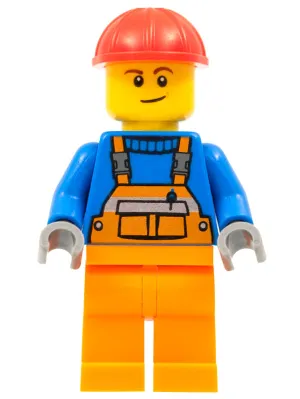 Overalls with Safety Stripe Orange, Orange Legs, Red Construction Helmet, Lopsided Smile