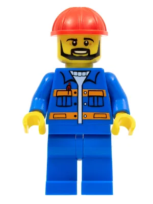 Blue Jacket with Pockets and Orange Stripes, Blue Legs, Red Construction Helmet, Black Angular Beard