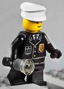 Police - City Suit with Blue Tie and Badge, Black Legs, White Hat - with Light-Up Flashlight