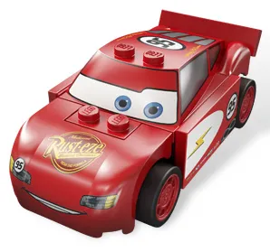Lightning McQueen - Rust-eze Hood, Red and White Sides, Light Bluish Gray 1 x 4 Plates