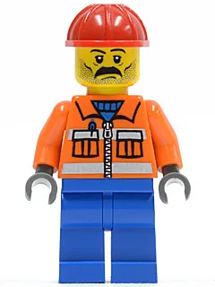 Construction Worker - Orange Zipper, Safety Stripes, Orange Arms, Blue Legs, Red Construction Helmet, Stubble