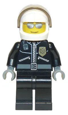 Police - City Leather Jacket with Gold Badge and 'POLICE' on Back, White Helmet, Trans-Brown Visor, Silver Sunglasses