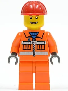 Construction Worker - Orange Zipper, Safety Stripes, Orange Arms, Orange Legs, Red Construction Helmet, Eyebrows, Thin Grin with Teeth