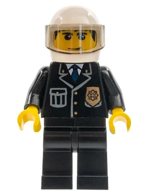 Police - City Suit with Blue Tie and Badge, Black Legs, White Helmet, Trans-Brown Visor, Smile