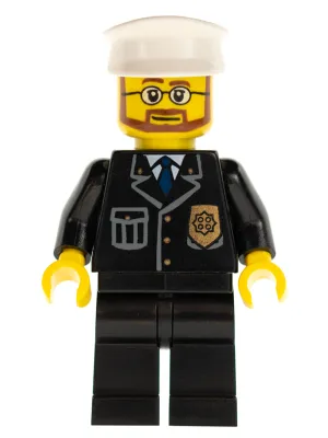 Police - City Suit with Blue Tie and Badge, Black Legs, White Hat, Beard and Glasses