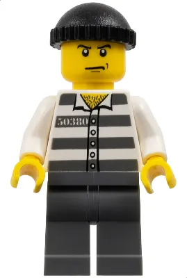 Police - Jail Prisoner 50380 Prison Stripes, Dark Bluish Gray Legs, Black Knit Cap, Angry Eyebrows and Scowl