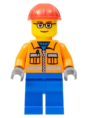 Construction Worker - Orange Zipper, Safety Stripes, Orange Arms, Blue Legs, Red Construction Helmet, Red Eyebrows, Glasses