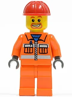 Construction Worker - Orange Zipper, Safety Stripes, Orange Arms, Orange Legs, Red Construction Helmet, Beard Around Mouth
