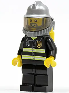 Fire - Reflective Stripes, Black Legs, Silver Fire Helmet, Gray Beard, Yellow Air Tanks